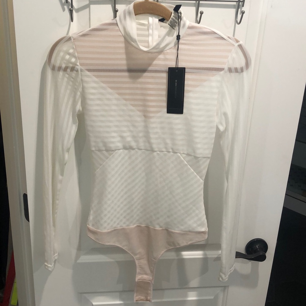 BCBGMaxAzria. XS. White bodysuit. Mesh w/ stripes. Zipper back and clasp bottom